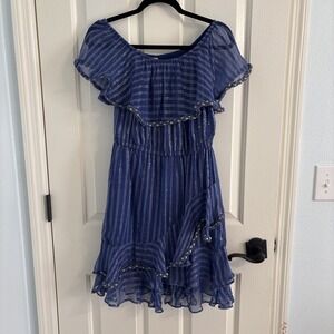 MISA Blue ambrosiaMetallic Striped Braided Off the Shoulder Ruffle Midi Dress S